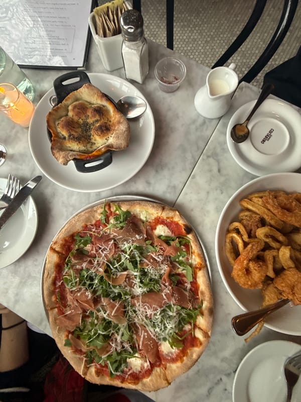 NYC restaurant dinner featuring arugula prosciutto pizza documented