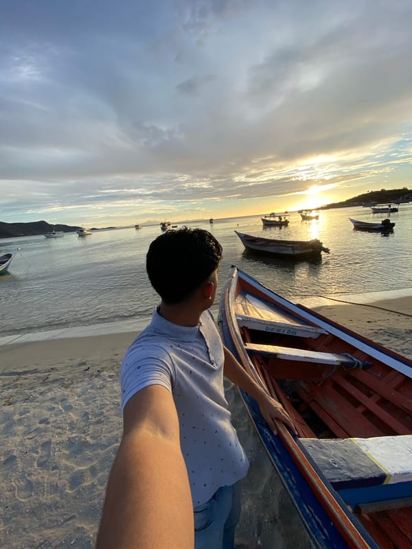 Sunset over Juan Griego Bay, boats and palms at dusk