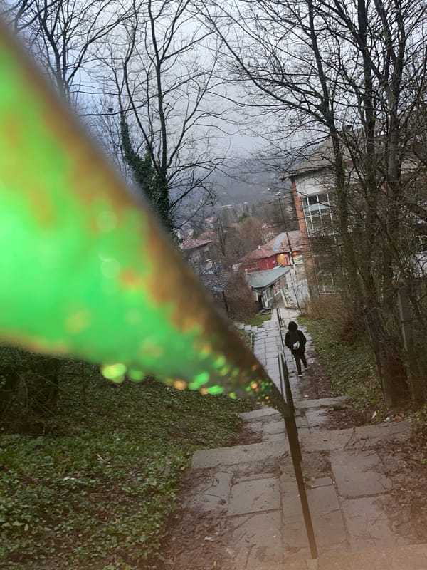 Early morning walker spotted on stone path in Vladaya