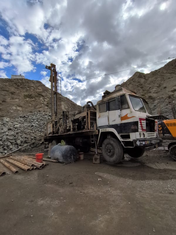 Heavy drilling and construction work underway in Leh's rugged terrain