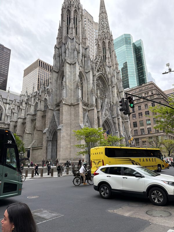 Evening street scenes captured near St. Patrick's Cathedral, Manhattan