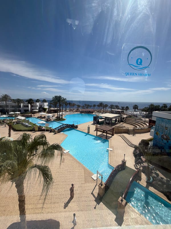 Tourist meditates and explores resort facilities in Sharm El Sheikh