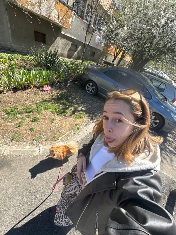 Woman walks small orange dog on Sofia sidewalk