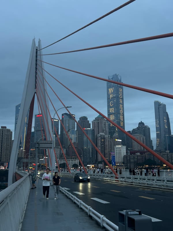 Orange cables and city skyline from a Chongqing bridge