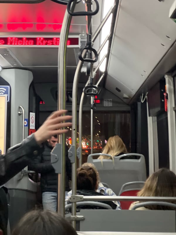 Evening commuters ride public bus in Belgrade suburb