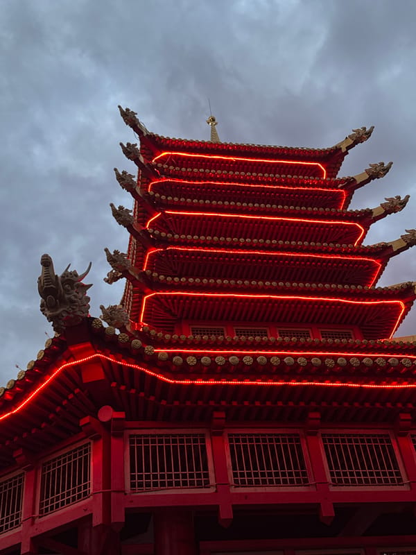 Elista's Buddhist-styled Chess Center lit up at dusk