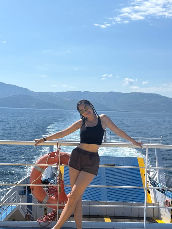 Ferry deck poses on the Greek sea
