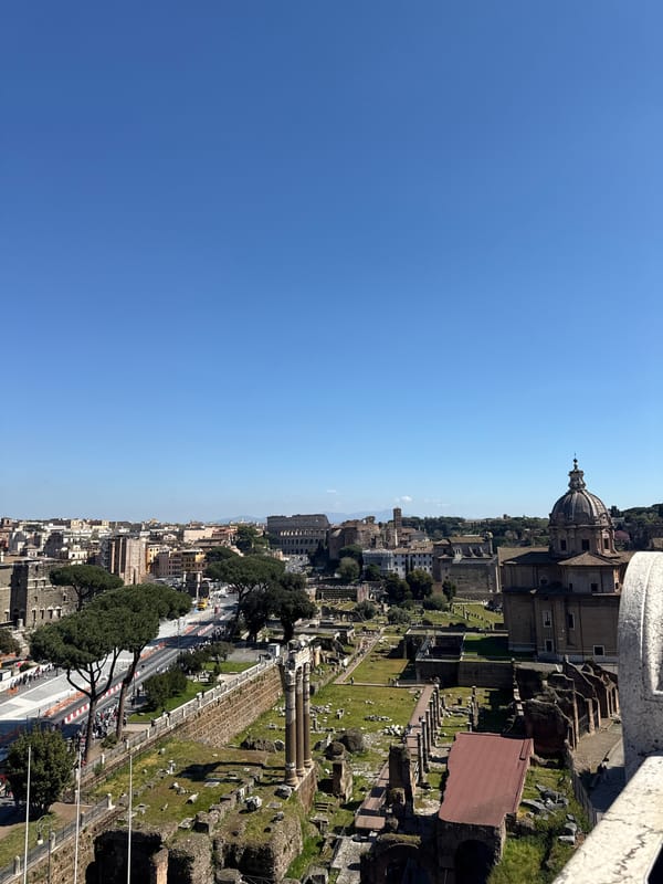 Tourist captures Rome landmarks from elevated restaurant terrace