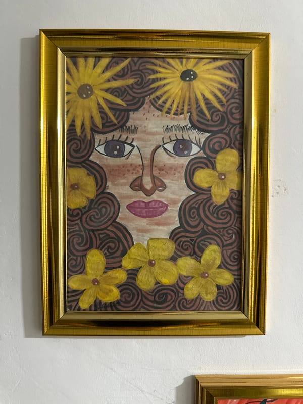 Art gallery visit documented with portrait paintings and flowers