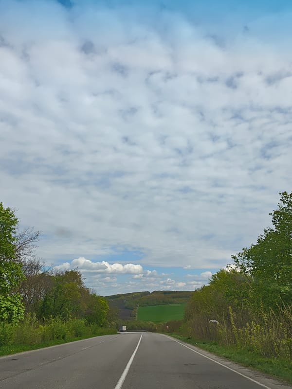 Rural road photographed in Strointsi, Ukraine under cloudy skies