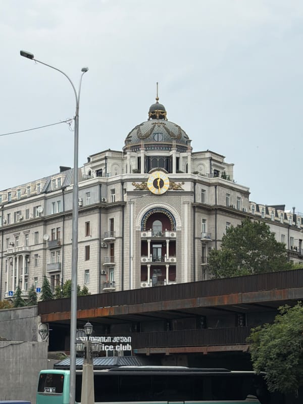 Tbilisi architecture and a pedestrian bridge, street level to waterline