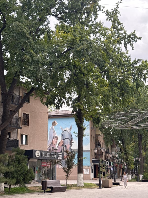 Shymkent's decorated pedestrian promenade on a July morning