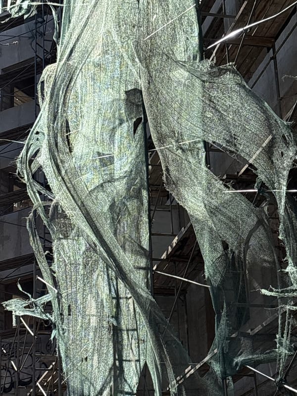 Torn green construction netting documented at renovation site