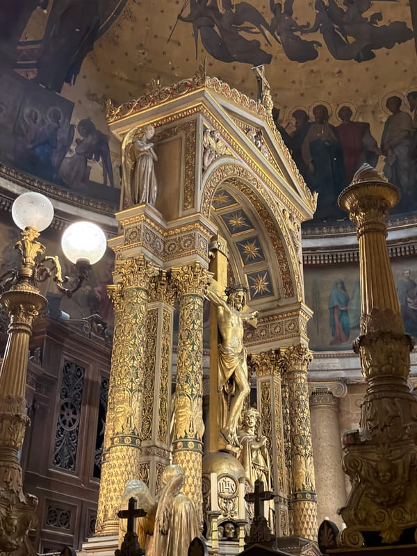 Inside and outside two grand Parisian churches on a sunny afternoon