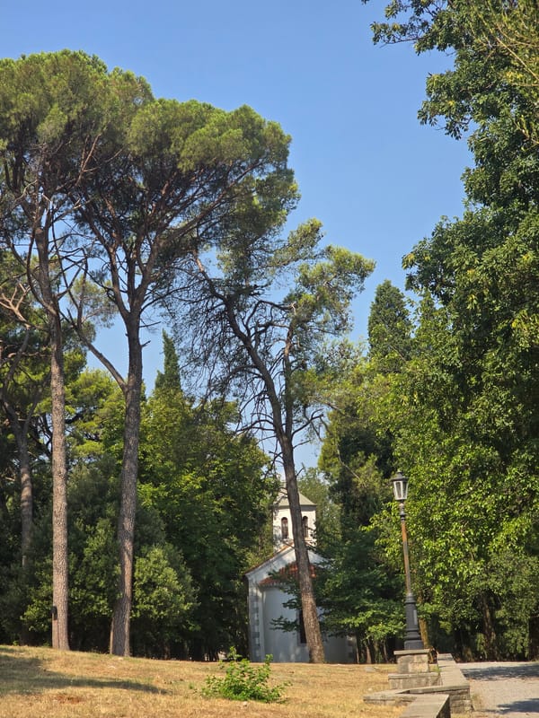 Dog walk through an ornate historic park with a chapel