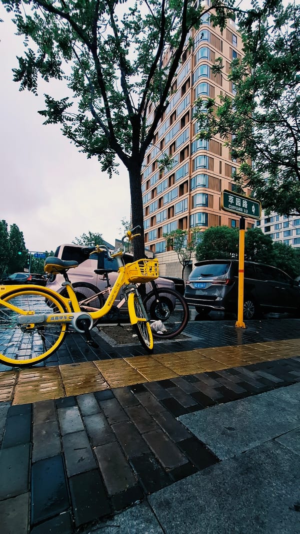 Yellow bicycle spotted against signpost in Beijing's Chaoyang District