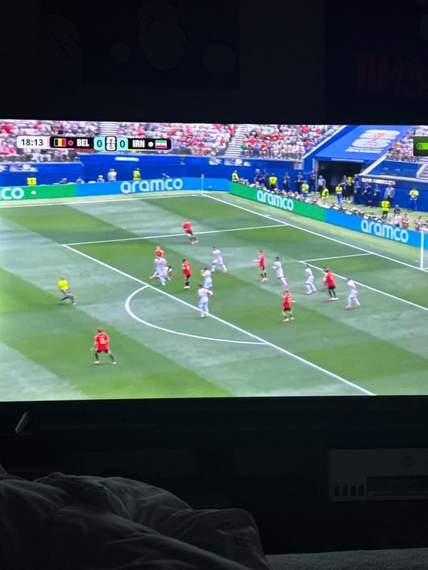 Prague apartment dog hangout with Belgium–Iran match on in the background