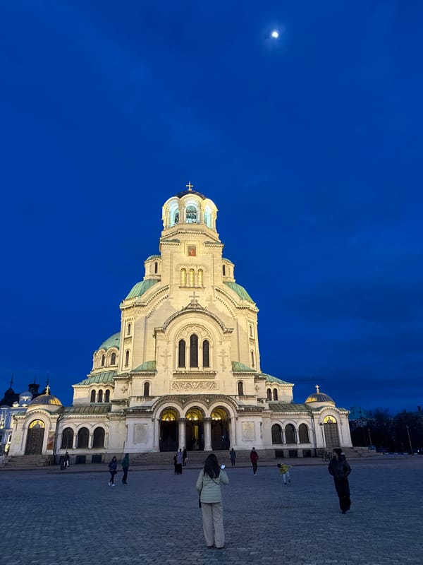 Alexander Nevsky Cathedral illuminated at night in Sofia