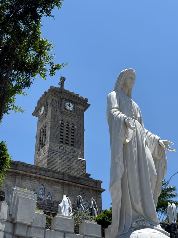 Nha Trang Cathedral grounds and a street food spread, June morning
