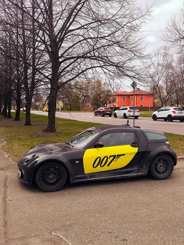 Distinctive compact car with yellow markings spotted in Riga