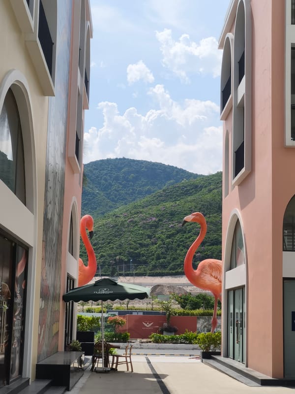 Flamingo statues, a pink car, and coastal scenery on a sunny morning
