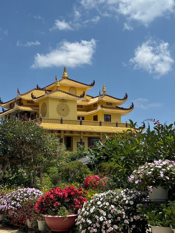 Da Lat's golden pagoda and flower market, mid-morning.