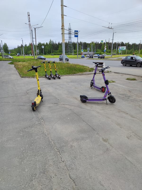 Electric scooters parked as dog walked on overcast morning