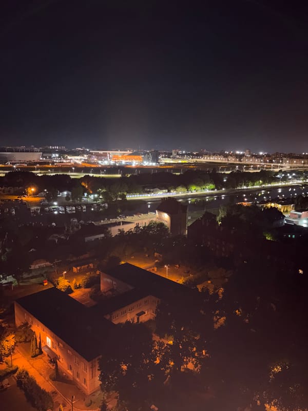 Nighttime panoramic views captured across Kaliningrad from elevated position