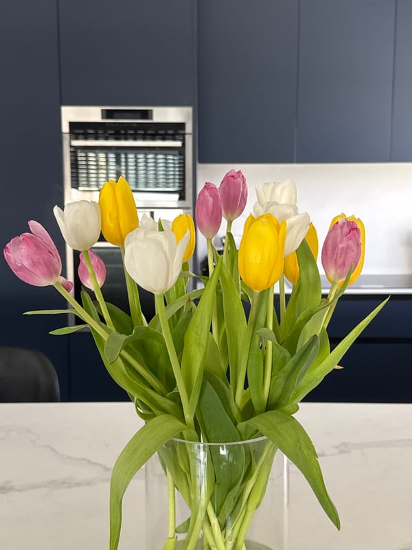 Colorful tulip bouquet observed on marble counter in Ariel