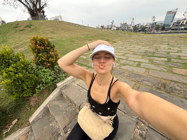 Tourist takes morning selfies at historic site in Vietnam