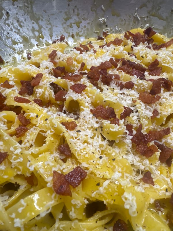 Bacon pasta dish prepared in Kozloduy, Bulgaria