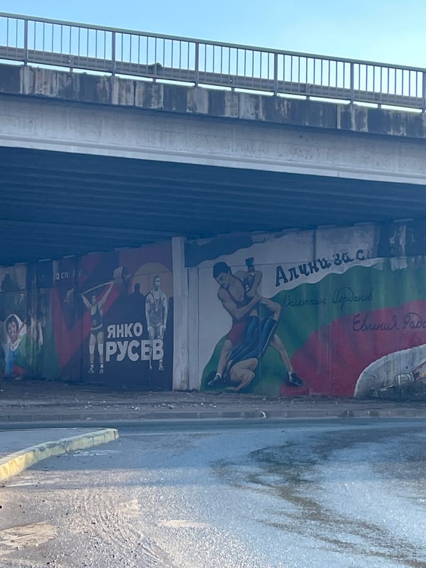 Wrestling mural spotted under Sofia bridge features Bulgarian text