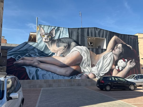 Dock activity and building mural scenes