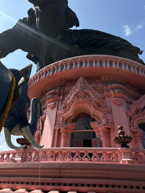 Exploring a quirky cultural site with statues, antiques, and a live turtle