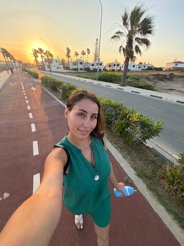 Sunset stroll along Meneou's coastal bike path in Cyprus