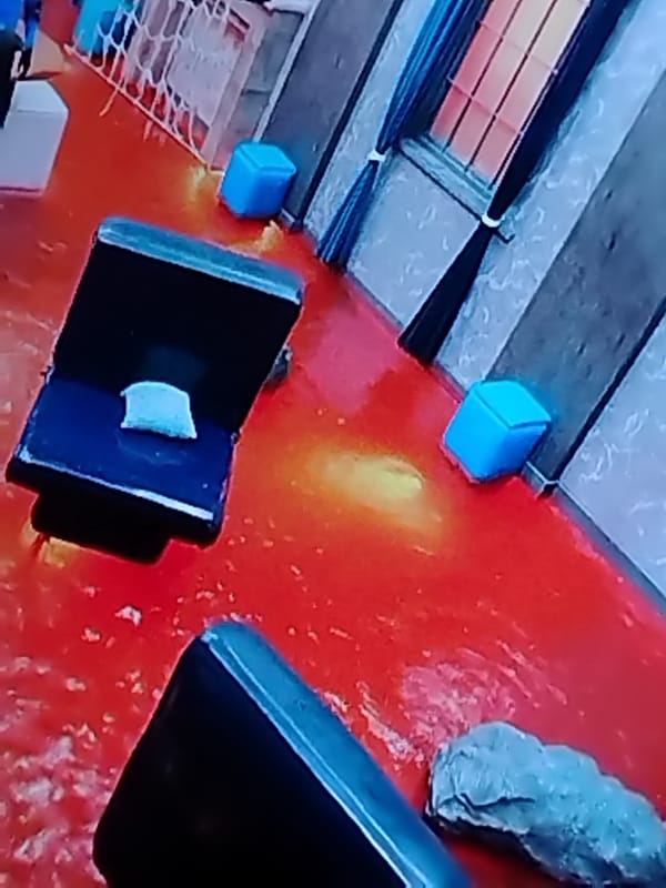 Room with red floor, scattered furniture observed in Rusanovo