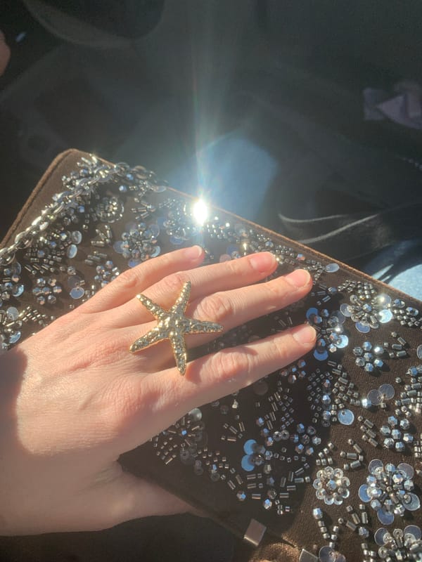 Gold starfish ring, beaded clutch spotted in Izhevsk sunlight