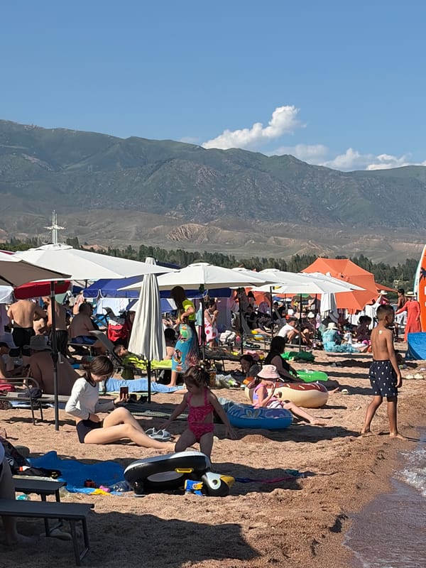 Crowded beach day with paddleboarding, swimming, and pier activity.