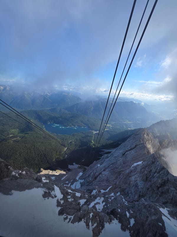 Cable car ascent to Zugspitze peak in German Alps