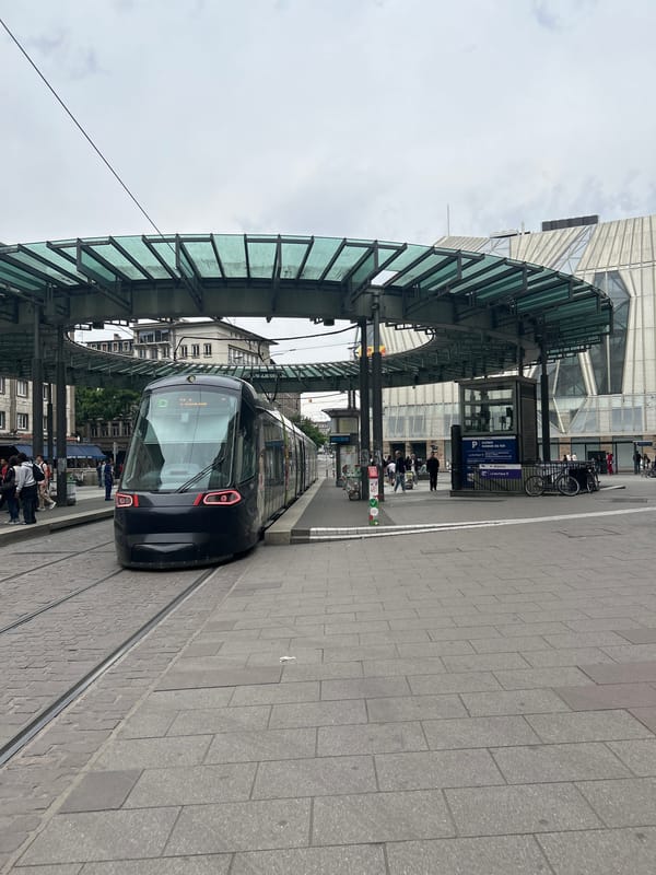 Black tram stops at covered station in Strasbourg