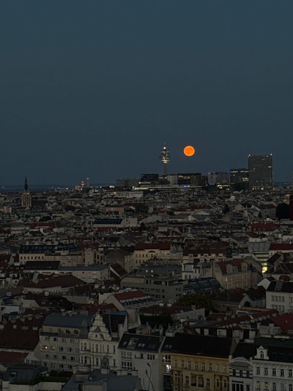 Full moon rises over Vienna's rooftops at dusk