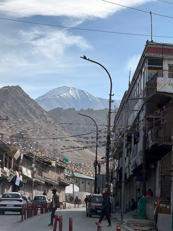 Street-level tour through Leh's Buddhist landmarks and mountain backdrop