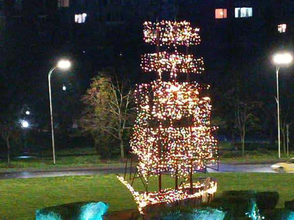 Illuminated ship installation and blooming trees brighten Burgas park