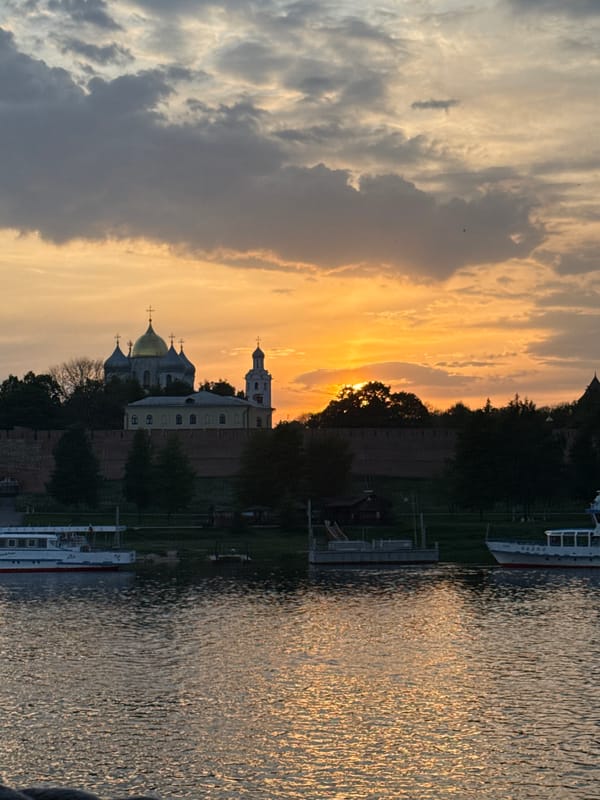 Sunset views captured across Veliky Novgorod riverfront evening