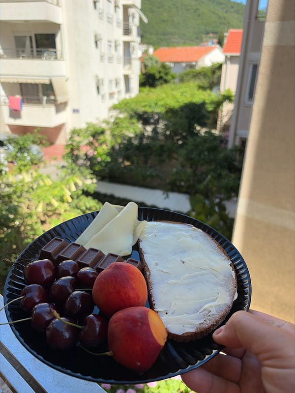 Balcony breakfast and street scenes in Budva, Montenegro