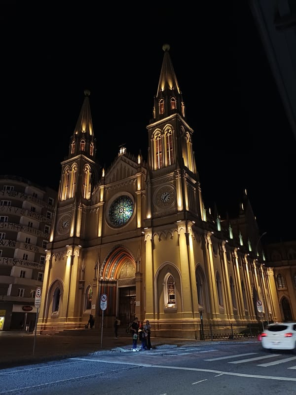 Curitiba cathedral illuminated at night, April 9