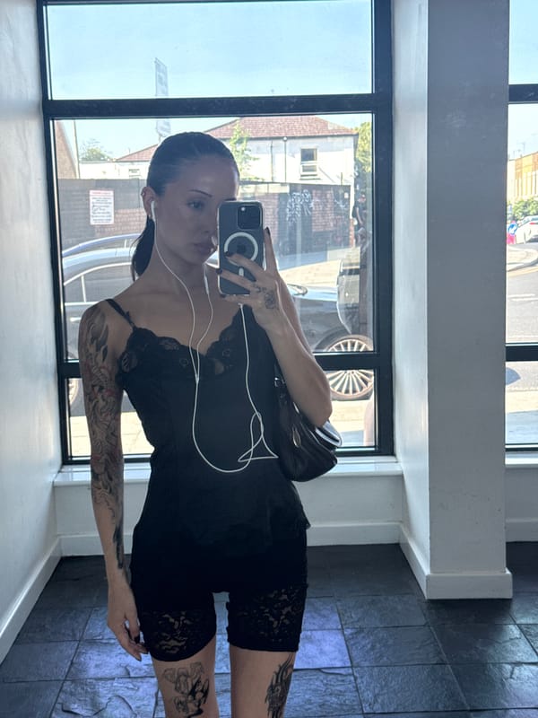 Mirror selfies in a windowed London space, black lace and boots