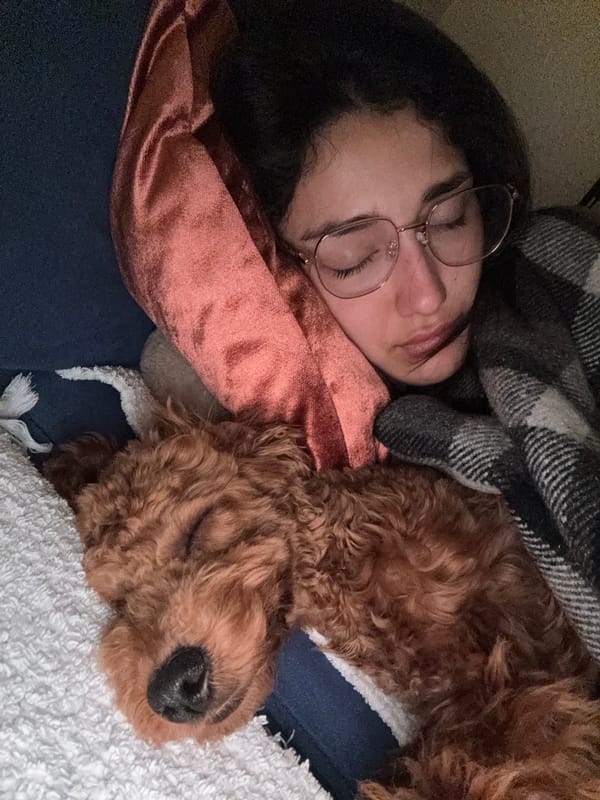Woman and poodle rest together on couch in Montenegro