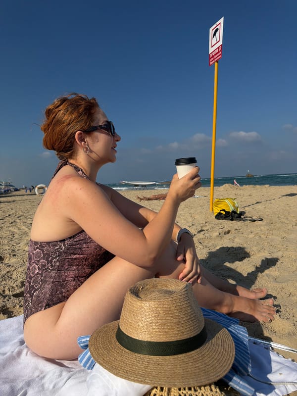 Summer morning at Bat Yam beach, coffee and waves