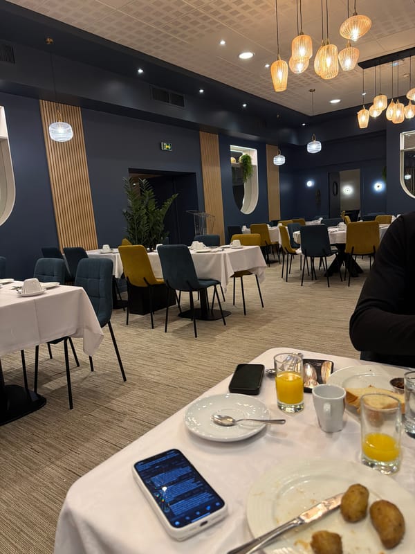 Morning breakfast scene captured at Paris restaurant table